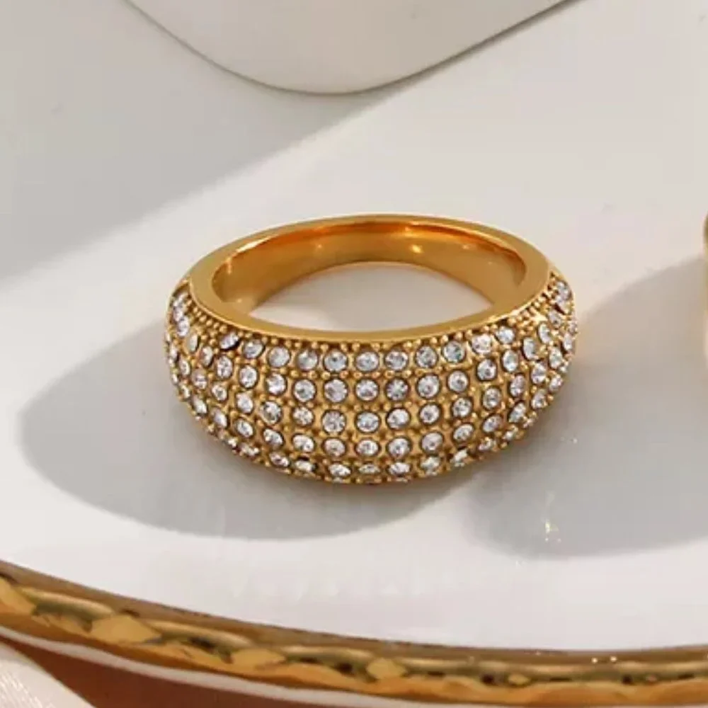 Luxury Micro Pave‎ Zircon Designer 18K Gold Plated Ring Stainless Steel